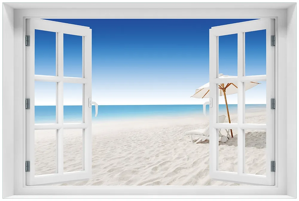 Glasbild Sonnenliege am weißen Strand unter blauem Himmel 60 x 90 cm mit Fensterrahmen Neu