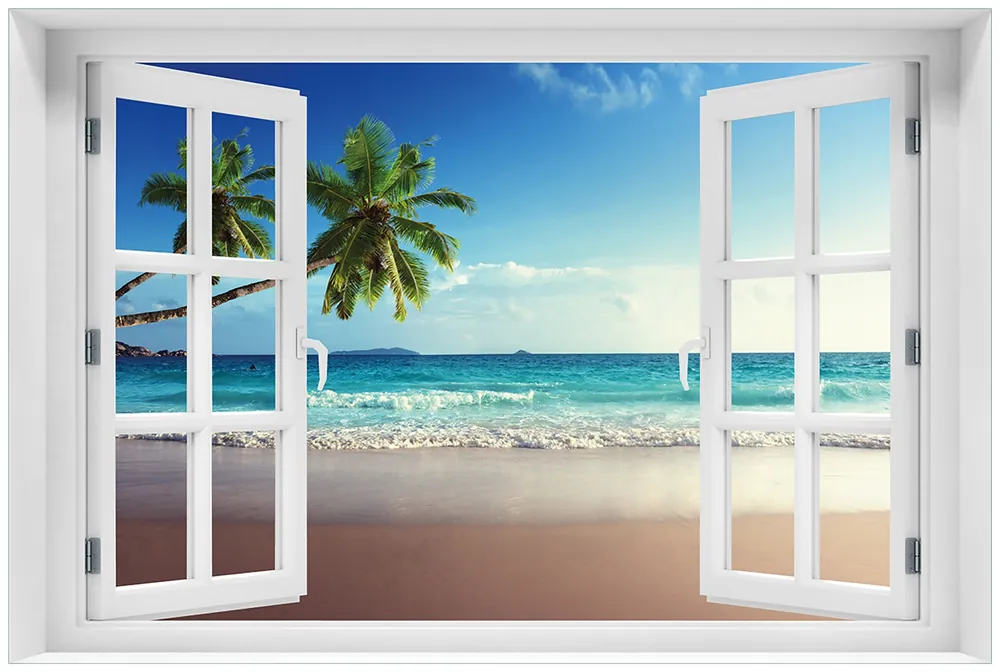 Glasbild Sandstrand auf den Seychellen - Urlaub unter Palmen 60 x 90 cm mit Fensterrahmen Direktkauf