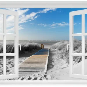 Aktuell Glasbild Auf dem Holzweg zum Strand in schwarz-weiß Optik 60 x 90 cm mit Fensterrahmen