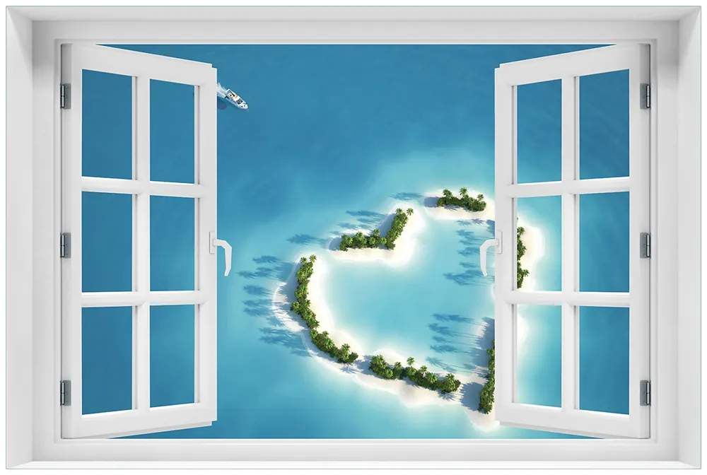 Glasbild Insel mit Herz 60 x 90 cm mit Fensterrahmen Neu Im Sortiment