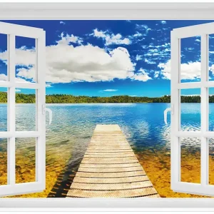 Abverkauf Glasbild Klarer See mit Steg - Blauer Himmel 60 x 90 cm mit Fensterrahmen