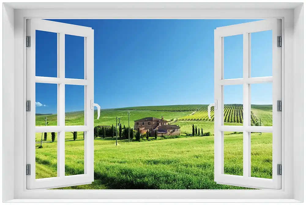 Finale Aktion Glasbild Farm in der Toskana 60 x 90 cm mit Fensterrahmen