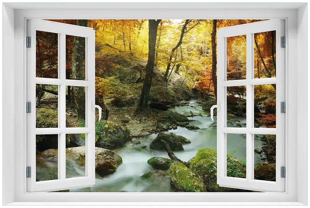 Glasbild Wasserfall mit moosbedeckten Steinen im Herbstwald 60 x 90 cm mit Fensterrahmen Letzte Chance
