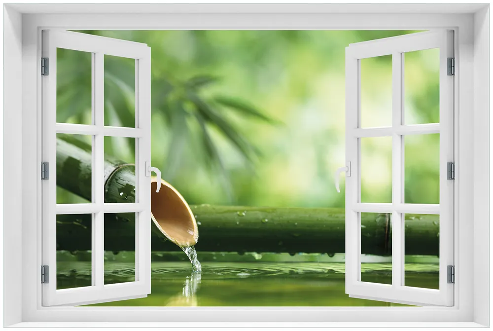 Glasbild Bambusquelle Bambusrohr mit Wasser 60 x 90 cm mit Fensterrahmen Knallerangebot