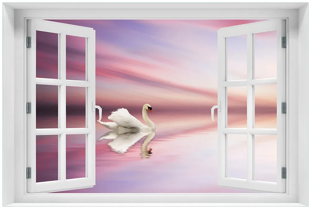 Glasbild Weißer Schwan im rosafarbenen See 60 x 90 cm mit Fensterrahmen Angebot
