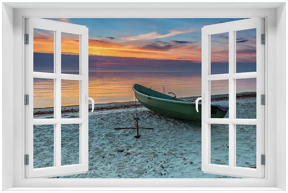 Glasbild Einsames Fischerboot mit Anker am Strand 60 x 90 cm mit Fensterrahmen Gratis Versand