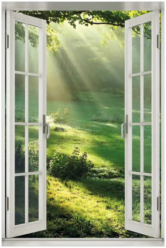 Direktkauf Acrylglasbild Sonnenstrahlen im Wald 60 x 90 cm mit Fensterrahmen