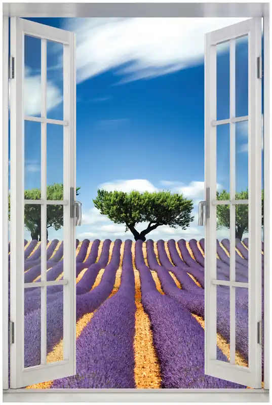 Acrylglasbild Abstraktes lila Blumenfeld mit Lavendel 60 x 90 cm mit Fensterrahmen Geprüft
