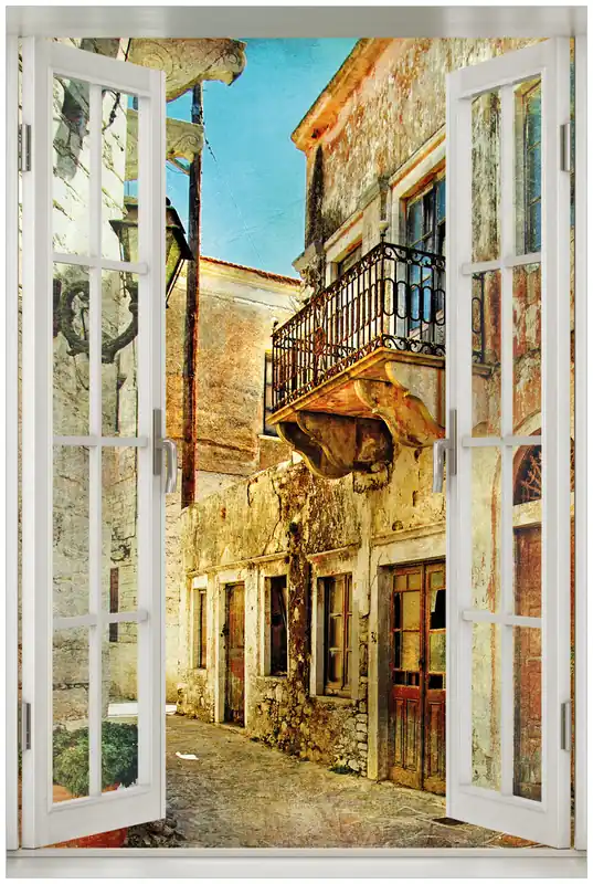 Acrylglasbild Gasse im Süden, Urlaub in Griechenland 60 x 90 cm mit Fensterrahmen Garantierte Lieferung