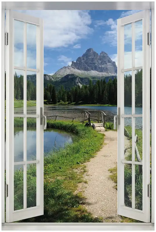 Acrylglasbild See in Berglandschaft 60 x 90 cm mit Fensterrahmen Billig