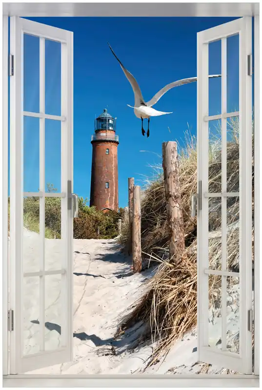 Acrylglasbild Möwe am Strand mit Leuchtturm 60 x 90 cm mit Fensterrahmen Kracherpreis