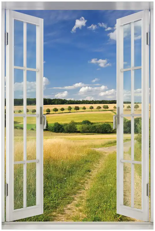 Acrylglasbild Feldlandschaft unter blauem Himmel 60 x 90 cm mit Fensterrahmen Sonderaktion