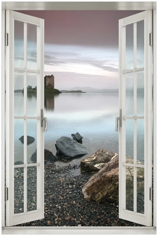 Schneller Versand Acrylglasbild Schloss in Schottland 60 x 90 cm mit Fensterrahmen