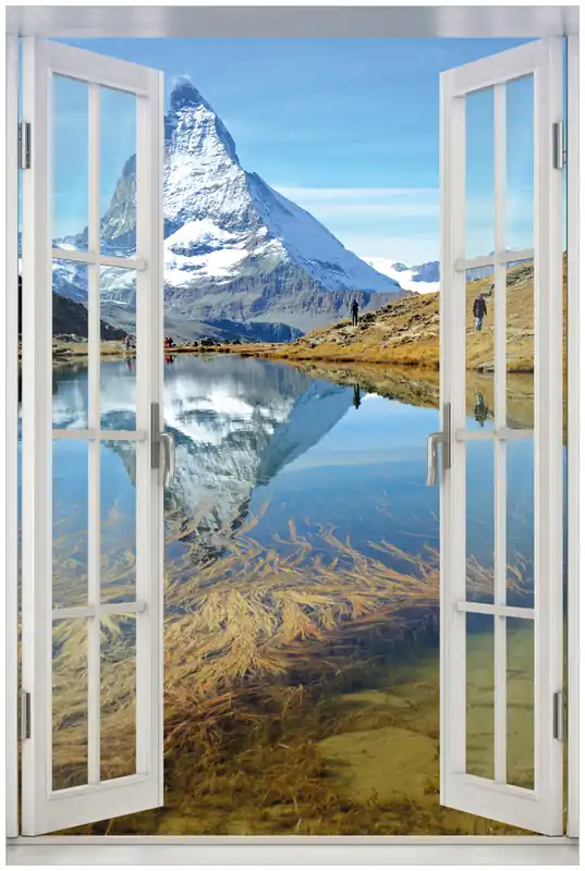 Neu Acrylglasbild Matterhorn - Spiegelung im See 60 x 90 cm mit Fensterrahmen