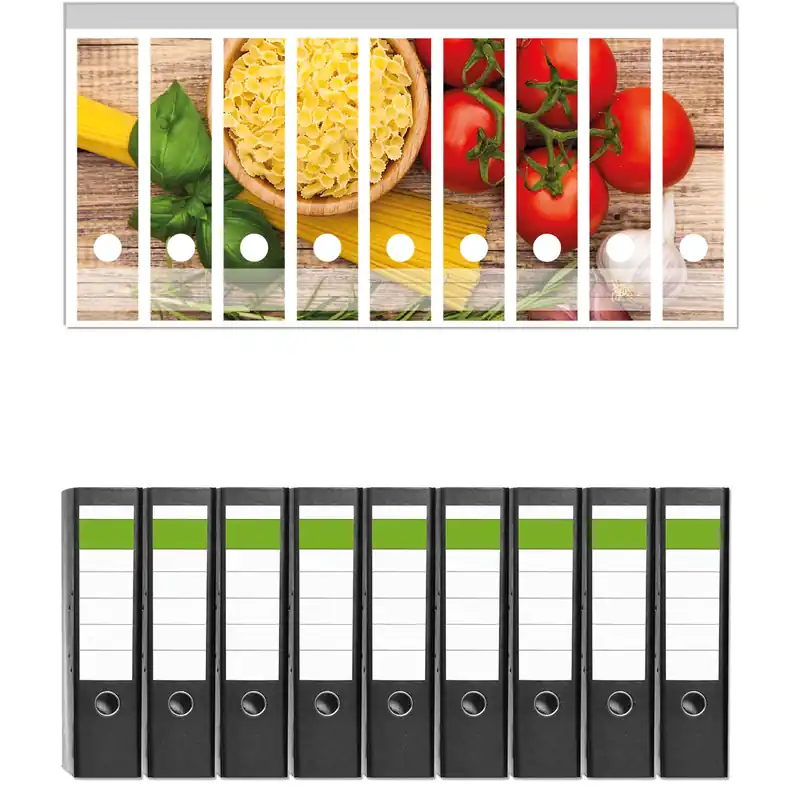 Aktuell Ordnerrücken Sticker Spaghetti mit Tomaten, Knoblauch und Basilikum für breite Ordner, 9 Sticker