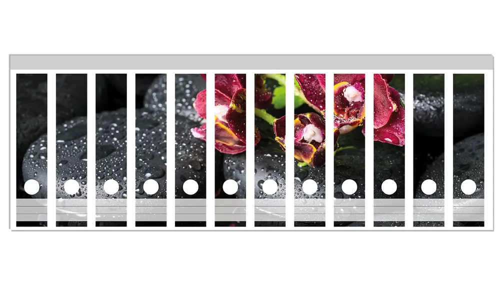 Ordnerrücken Sticker Dunkelrote Orchideen-Blüte auf schwarzen Steinen mit Regentropfen inkl. schmaler Ordner, 12 Sticker Mega-Angebot